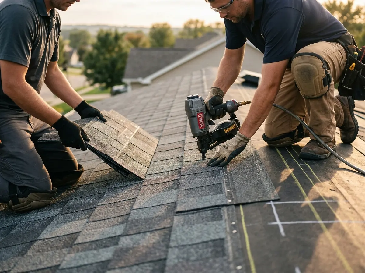 Professional roofer working on a residential roof in Bayville